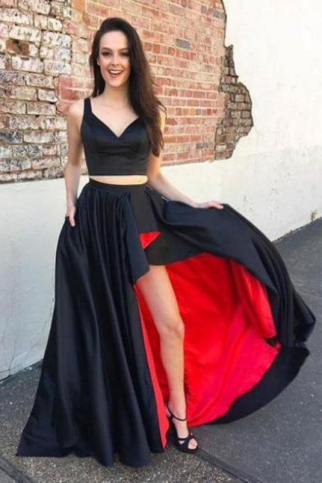 Elegant Eye-catching Cheap Unique A-Line Two Piece Black V-neck Straps Satin Long Prom Dress - Prom Dresses