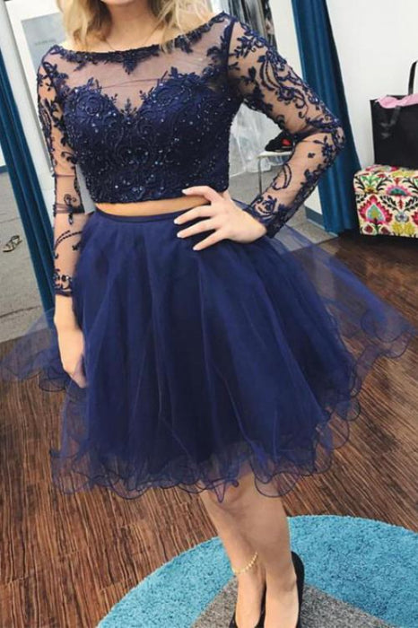 Elegant Glorious Fuchsia Two Piece Long Sleeves Tulle Homecoming with Beading Short Prom Dress - Prom Dresses