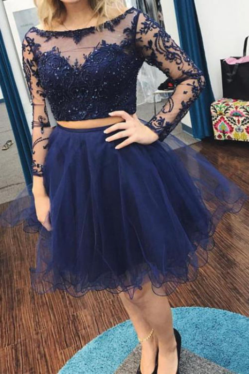 Elegant Glorious Fuchsia Two Piece Long Sleeves Tulle Homecoming with Beading Short Prom Dress - Prom Dresses