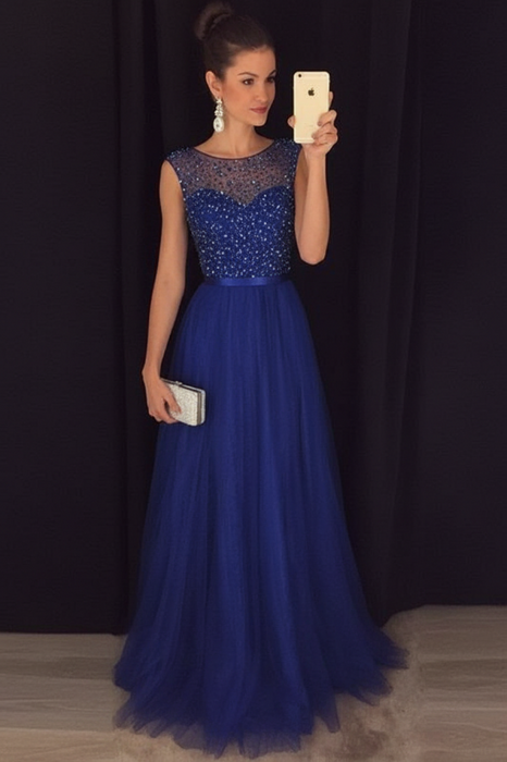 Royal blue A-line Sleeveless Tulle Sequined Long Formal Dress Prom Dresses - Prom Dresses