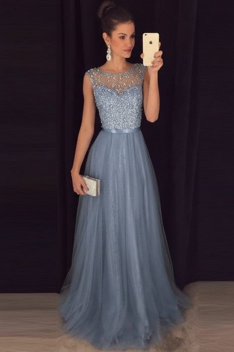 A-line Dusty Blue Sleeveless Tulle Sequined Long Formal Dress Prom Dresses - Prom Dresses