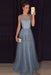 A-line Dusty Blue Sleeveless Tulle Sequined Long Formal Dress Prom Dresses - Prom Dresses