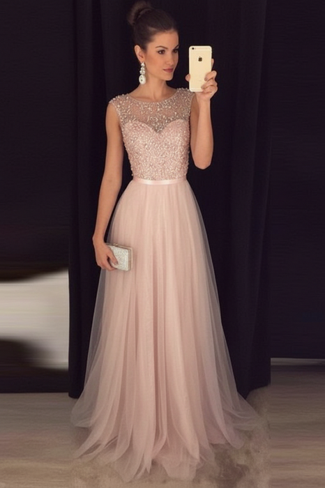 Blush Pink A-line Gray Sleeveless Tulle Sequined Long Formal Dress Prom Dresses - Prom Dresses