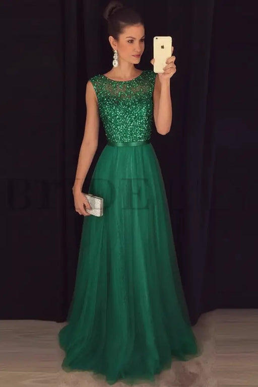 A-line Gray Sleeveless Tulle Sequined Long Formal Dress Prom Dresses - Prom Dresses