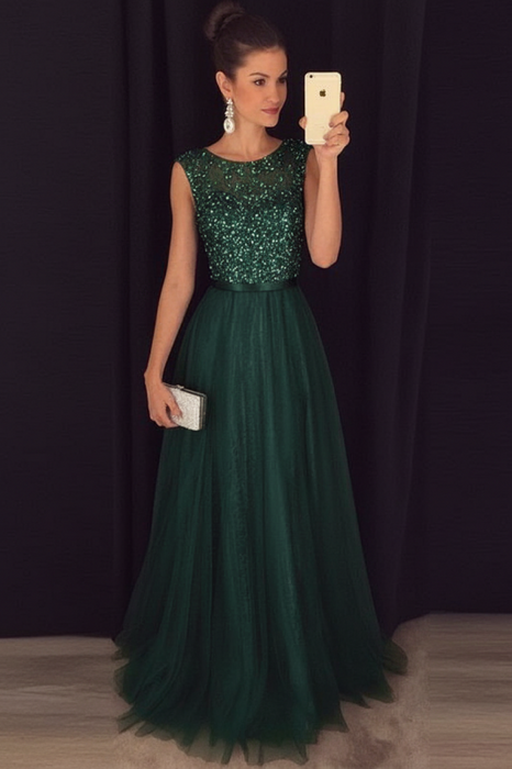 Emerald A-line Sleeveless Tulle Sequined Long Formal Dress Prom Dresses - Prom Dresses