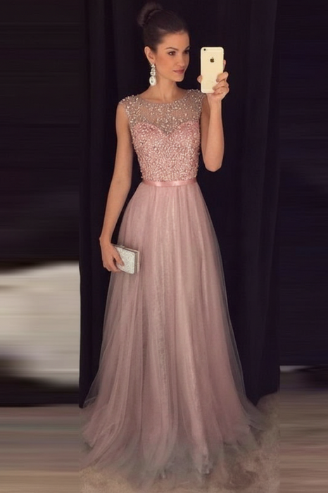 A-line Gray Sleeveless Tulle Sequined Long Formal Dress Prom Dresses - Prom Dresses