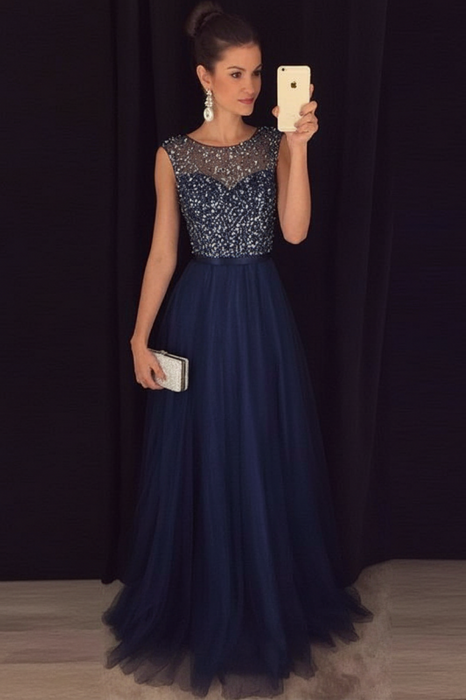 A-line Navy Sleeveless Tulle Sequined Long Formal Dress Prom Dresses - Prom Dresses