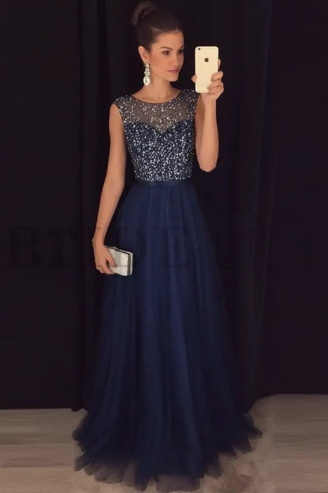 A-line Navy Sleeveless Tulle Sequined Long Formal Dress Prom Dresses - Prom Dresses