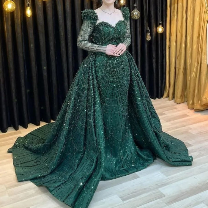 Green Mermaid Prom Dress Long Sleeve Evening Gown with Beading-Bridelily Green Mermaid Prom Dress Long Sleeve Evening Gown with Beading-Bridelily