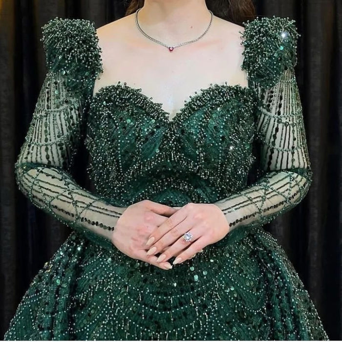 Elegant Green Applique Prom Dress Long Sleeve Mermaid Evening