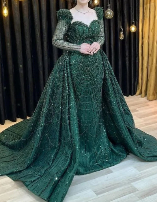 Green Mermaid Prom Dress Long Sleeve Evening Gown with Beading-Bridelily Green Mermaid Prom Dress Long Sleeve Evening Gown with Beading-Bridelily