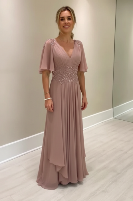 Dusty Rose Elegant Half Sleeves V-neck Aline Wedding Guest Dress Chiffon Mother of the Bride Dress - Prom Dresses