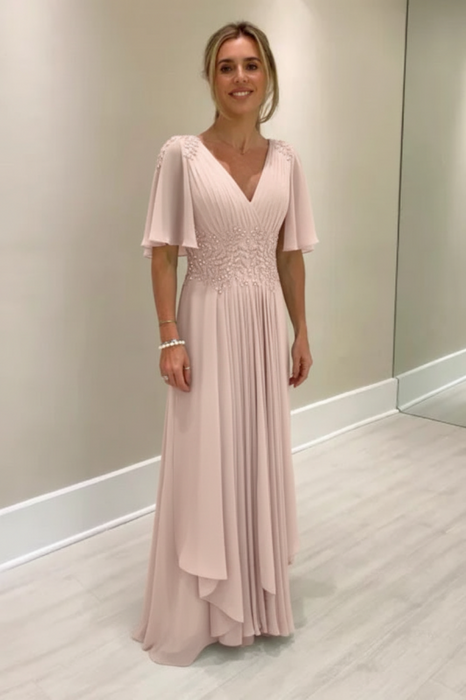 Pearl Pink Elegant Half Sleeves V-neck Aline Wedding Guest Dress Chiffon Mother of the Bride Dress - Prom Dresses
