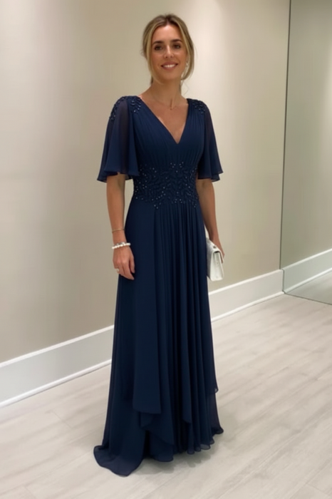 Navy Blue Elegant Half Sleeves V-neck Aline Wedding Guest Dress Chiffon Mother of the Bride Dress - Prom Dresses
