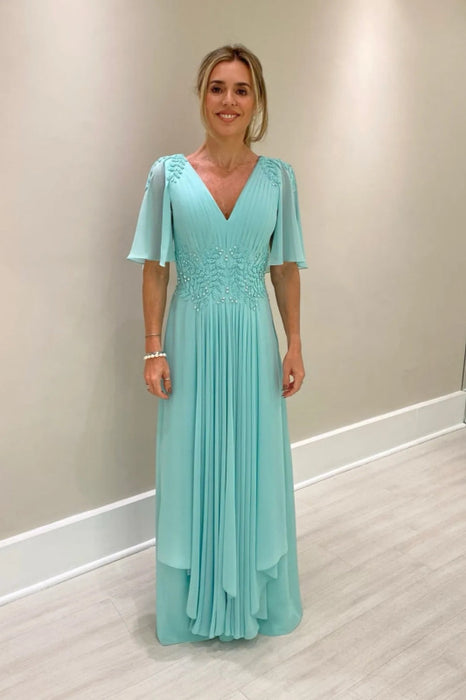 Elegant Half Sleeves V-neck Aline Wedding Guest Dress Chiffon Mother of the Bride Dress - Prom Dresses