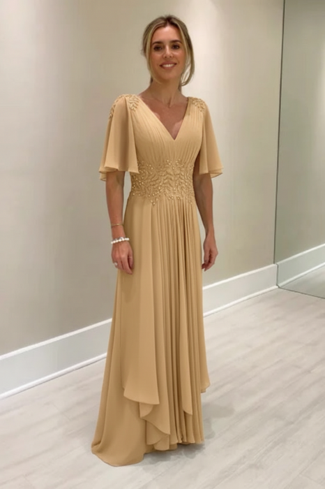 Champagne GoldElegant Half Sleeves V-neck Aline Wedding Guest Dress Chiffon Mother of the Bride Dress - Prom Dresses