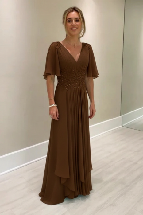 Brown Elegant Half Sleeves V-neck Aline Wedding Guest Dress Chiffon Mother of the Bride Dress - Prom Dresses