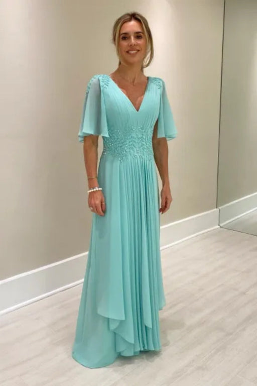 Elegant Half Sleeves V-neck Aline Wedding Guest Dress Chiffon Mother of the Bride Dress - Prom Dresses
