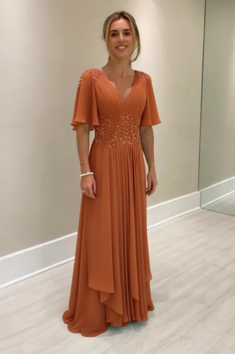 Terracotta Elegant Half Sleeves V-neck Aline Wedding Guest Dress Chiffon Mother of the Bride Dress - Prom Dresses