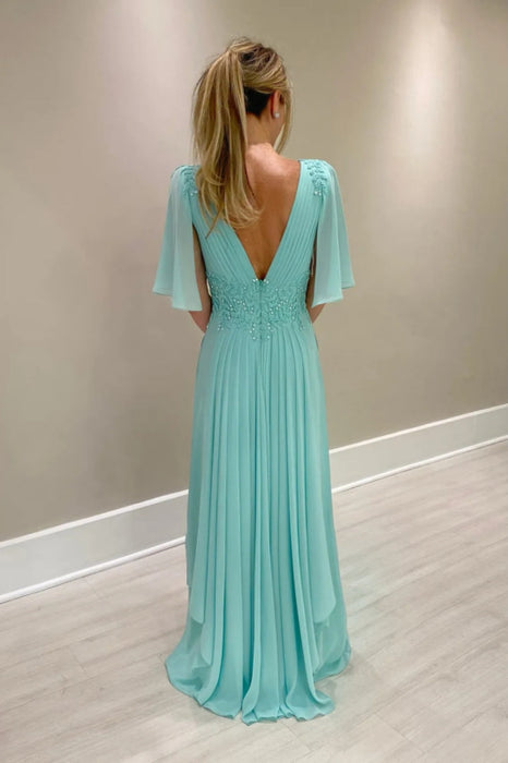 Elegant Half Sleeves V-neck Aline Wedding Guest Dress Chiffon Mother of the Bride Dress - Prom Dresses