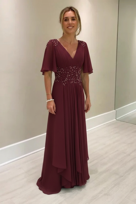 Burgundy Elegant Half Sleeves V-neck Aline Wedding Guest Dress Chiffon Mother of the Bride Dress - Prom Dresses