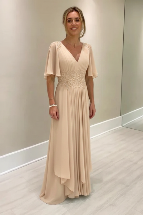 Champagne Elegant Half Sleeves V-neck Aline Wedding Guest Dress Chiffon Mother of the Bride Dress - Prom Dresses