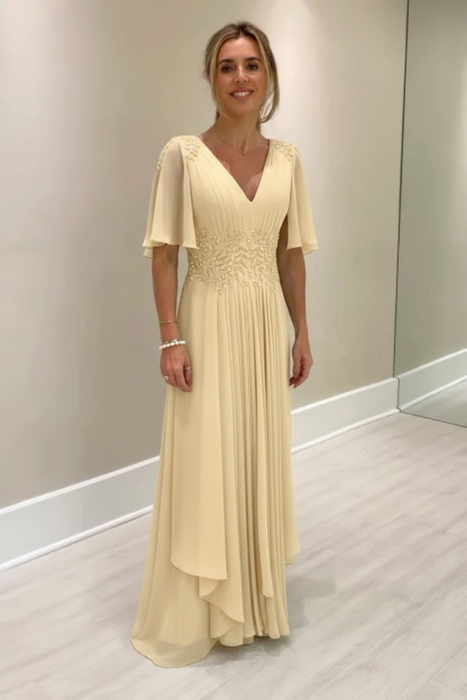 Light Yellow Elegant Half Sleeves V-neck Aline Wedding Guest Dress Chiffon Mother of the Bride Dress - Prom Dresses