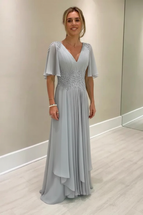 Silver Elegant Half Sleeves V-neck Aline Wedding Guest Dress Chiffon Mother of the Bride Dress - Prom Dresses