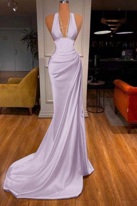 Elegant Halter V-Neck Mermaid Prom Dress Ruched Satin Long Evening Dress