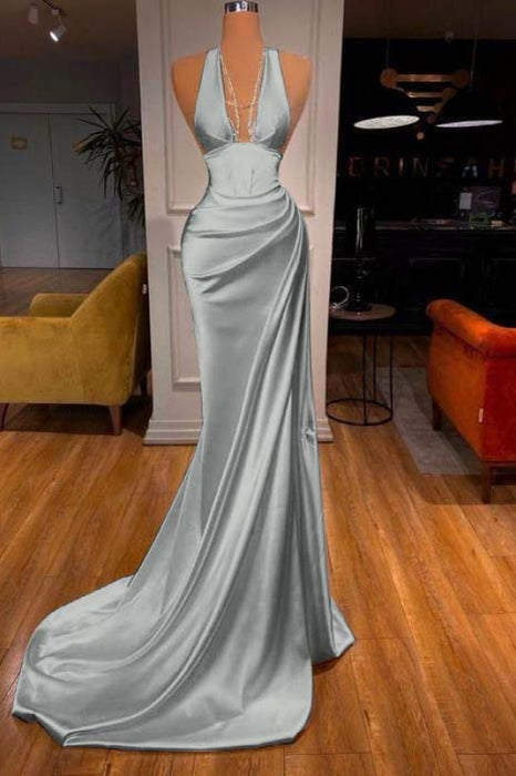 Elegant Halter V-Neck Mermaid Prom Dress Ruched Satin Long Evening Dress