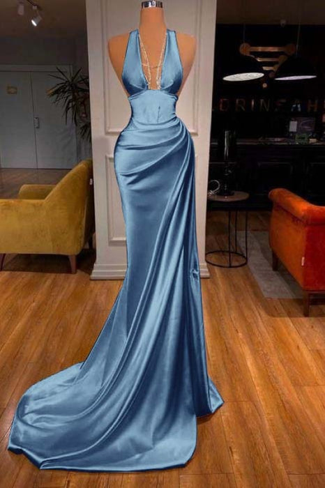 Elegant Halter V-Neck Mermaid Prom Dress Ruched Satin Long Evening Dress