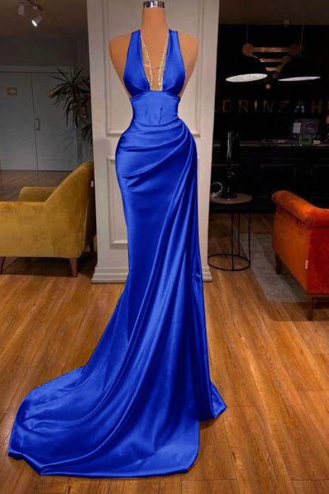 Elegant Halter V-Neck Mermaid Prom Dress Ruched Satin Long Evening Dress