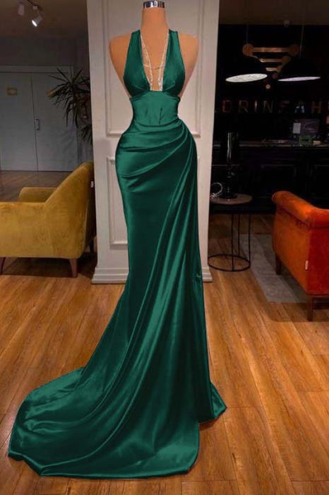 Elegant Halter V-Neck Mermaid Prom Dress Ruched Satin Long Evening Dress