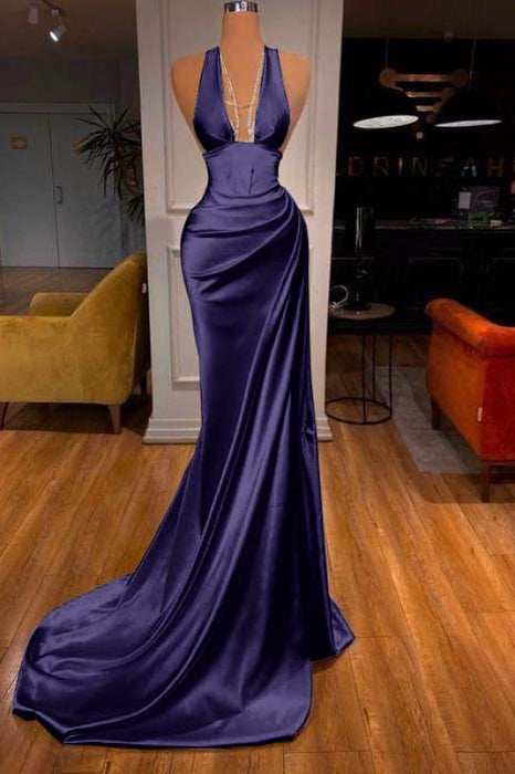 Elegant Halter V-Neck Mermaid Prom Dress Ruched Satin Long Evening Dress
