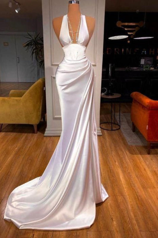 Elle |Mermaid V-Neck Beaded Satin Prom Dress with Cross Back