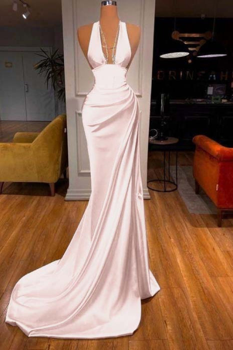 Elegant Halter V-Neck Mermaid Prom Dress Ruched Satin Long Evening Dress