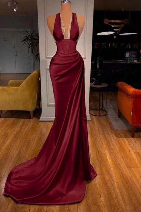 Elegant Halter V-Neck Mermaid Prom Dress Ruched Satin Long Evening Dress
