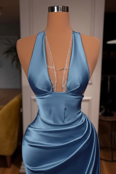 Elegant Halter V-Neck Mermaid Prom Dress Ruched Satin Long Evening Dress