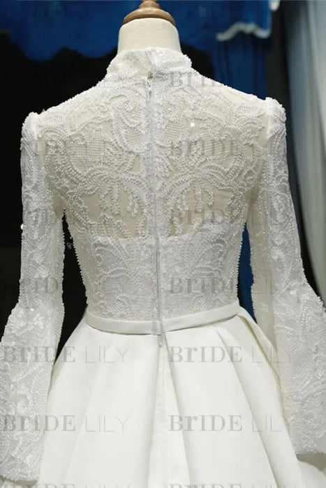 Elegant High Neck Long Sleeve Satin Wedding Dresses - Wedding Dresses