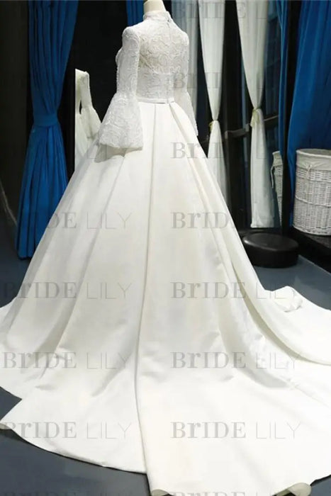 Elegant High Neck Long Sleeve Satin Wedding Dresses - Wedding Dresses