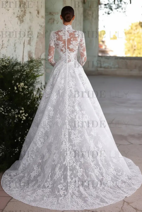 Elegant High Neck Long Sleeves A-Line Appliques Lace Wedding Dress
