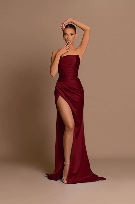 Elegant Light Blue Off-The-Shoulder Evening Dress with Pleated Slit Ball Gown