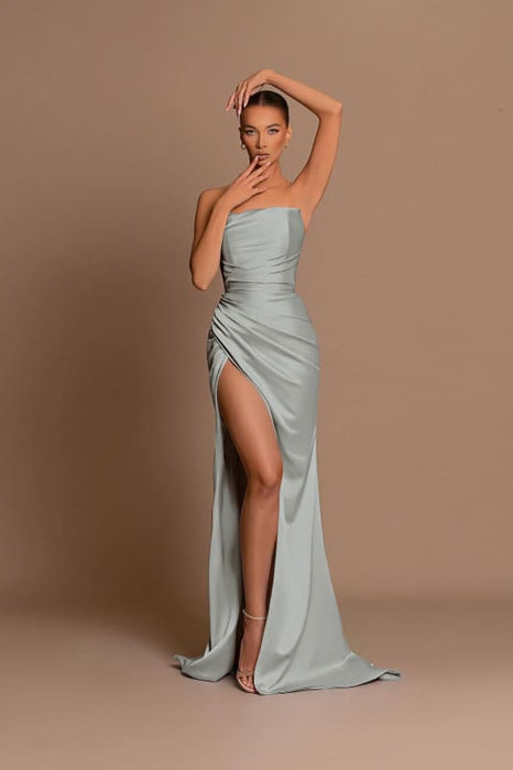 Elegant Light Blue Off-The-Shoulder Evening Dress with Pleated Slit Ball Gown