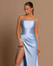 Elegant Light Blue Off-The-Shoulder Evening Dress with Pleated Slit Ball Gown