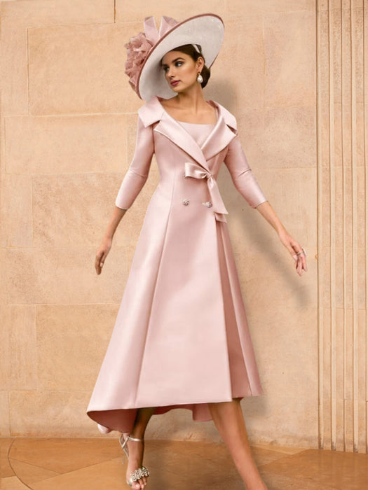 Long-Sleeve A-Line Satin Mother of the Bride with Bowknot