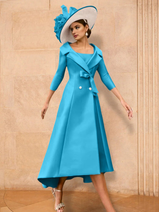 Long-Sleeve A-Line Satin Mother of the Bride with Bowknot