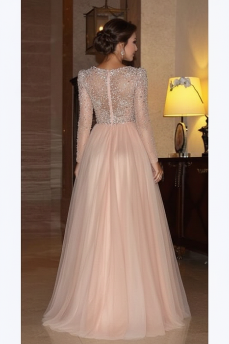 Elegant Long Sleeve Formal Dress with Beads A Line Sparkle V Neck Evening Dresses - Prom Dresses