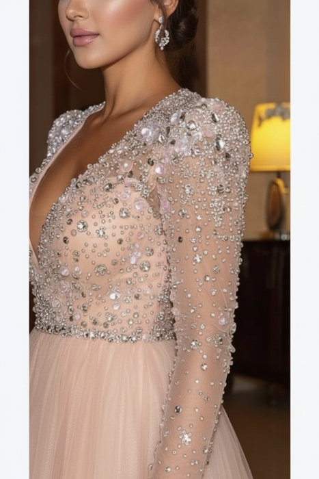 Elegant Long Sleeve Formal Dress with Beads A Line Sparkle V Neck Evening Dresses - Prom Dresses