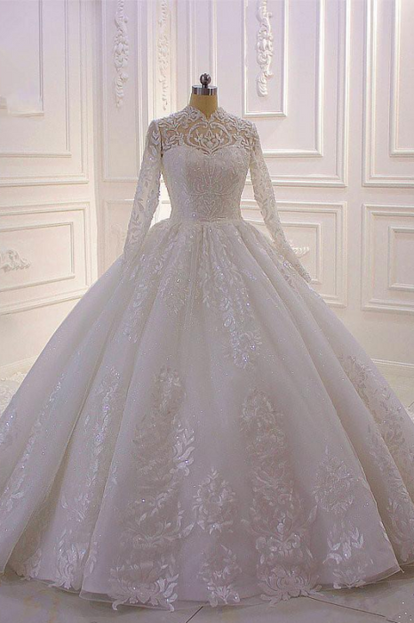 Elegant Long Sleeve High Neck A-line Wedding Dress with Lace Pearls and Sequined Ruffles - Wedding Dress