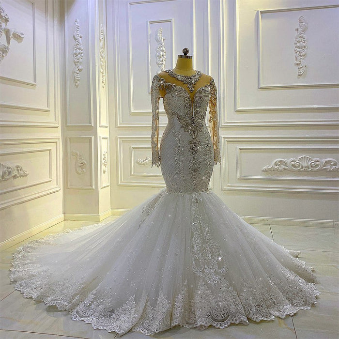 Elegant Long-Sleeve Pearl Sequin Bateau Mermaid Bridal Gown with Lace Beading